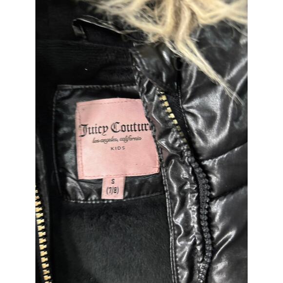 Juicy Couture Girls Black Puffer Jacket Tan Fuzzy Hood - Size 7/8 - Picture 3 of 3